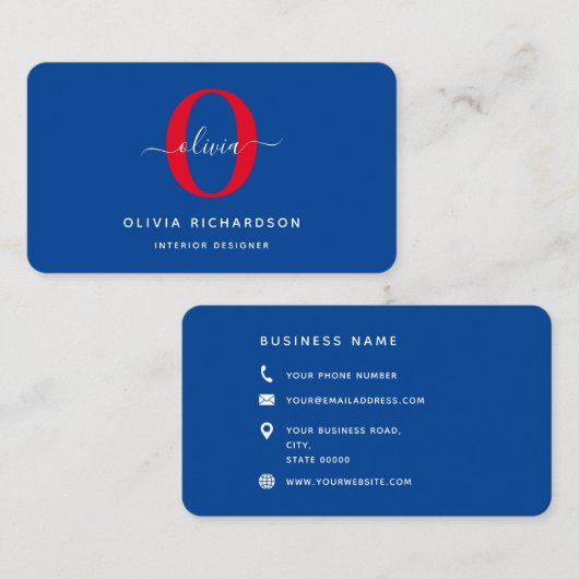 Typografie Monogram Script Name Blue White Red Visitekaartje (Voorkant / Achterkant)