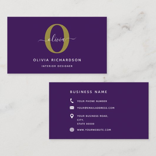 Typografie Monogram Script Name Paars White Gold Visitekaartje (Voorkant / Achterkant)