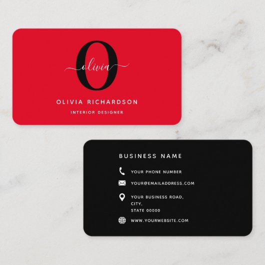 Typografie Monogram scriptnaam Rood zwart wit Visitekaartje (Voorkant / Achterkant)