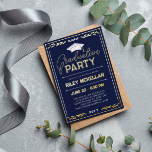 Typografie Navy Gold Graduation Party Folie Uitnodiging