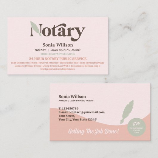 Typografie Notaris Openbare Lening Signing Agent Visitekaartje (Voorkant / Achterkant)