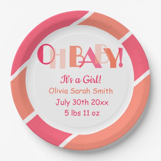 Typografie Oh Baby Coral Modern Baby shower Papieren Bordje (Voorkant)