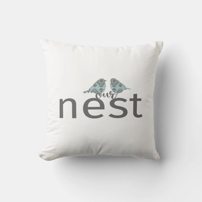 Typografie "Our Nest" Gray & Blue Tortelduifjes Kussen (Voorkant)