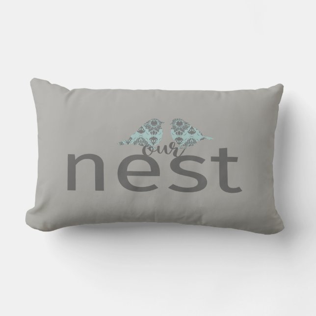 Typografie "Our Nest" Gray & Blue Tortelduifjes Kussen (Voorkant)