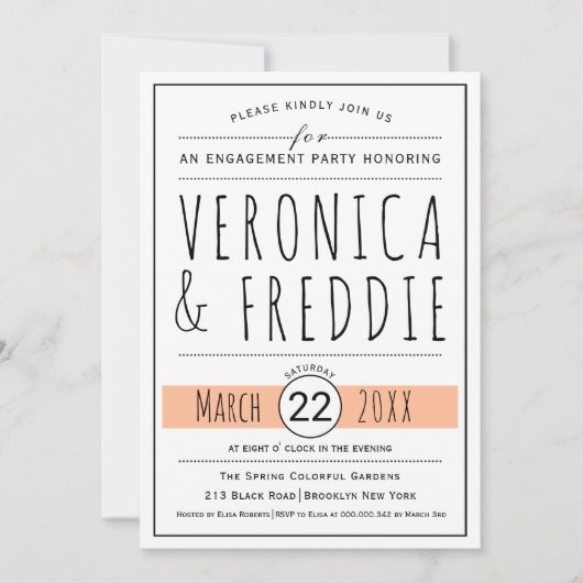 Typografie perzik bruiloft verlovingsfeest kaart (Voorkant)