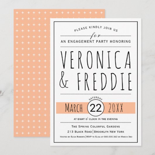 Typografie perzik bruiloft verlovingsfeest kaart (Voorkant / Achterkant)