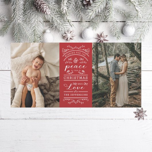 Typografie Red Joy en Peace deze kerstfoto Feestdagenkaart