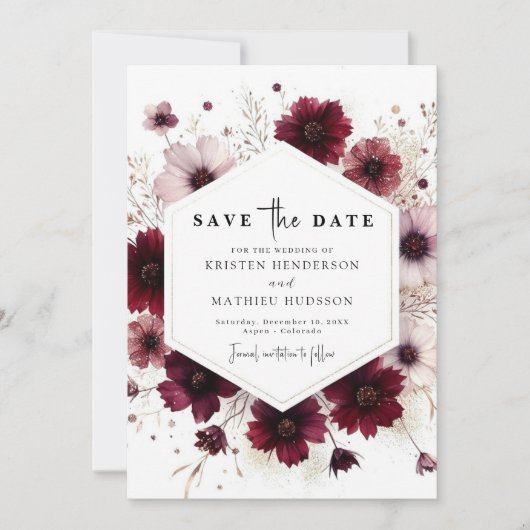 Typografie Romantische Bourgondische bruiloft Save The Date (Voorkant)