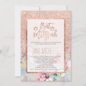 Typografie roos goudflorale waterverf Bat Mitzvah Kaart (Voorkant)