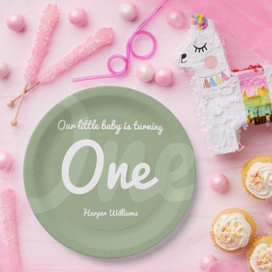 Typografie Sage 1e Baby Eerste Verjaardag Papieren Bordje (Feest)