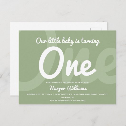 Typografie Sage One Baby Eerste Verjaardag Uitnodiging Briefkaart (Voorkant / Achterkant)