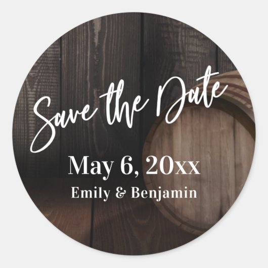 Typografie Save the Date Brown Wooden Barrel Ronde Sticker (Voorkant)