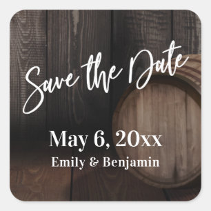 Typografie Save the Date Brown Wooden Barrel Vierkante Sticker