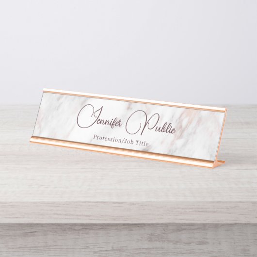 Typografie Script Elegant Modern Roze Goud Marmer Bureau Naambordje (Voorkant)
