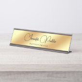 Typografie Script Text Modern Elegant Faux Gold Bureau Naambordje (Voorkant)