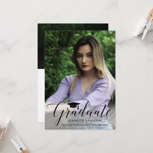 Typografie Script Voor/achter Foto Afstuderen Kaart (Voorkant / Achterkant in situ)