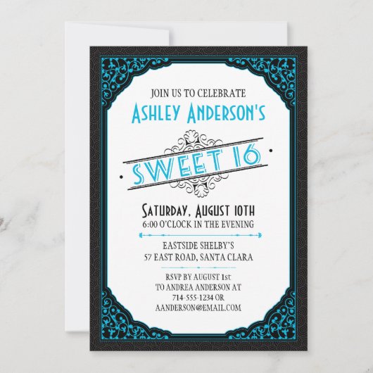 Typografie Scroll Black Neon Blue Sweet 16 Kaart (Voorkant)