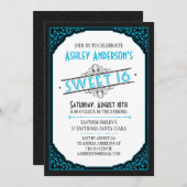 Typografie Scroll Black Neon Blue Sweet 16 Kaart (Voorkant / Achterkant)