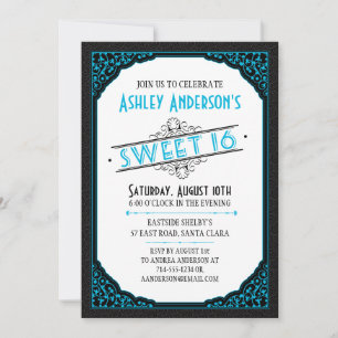 Typografie Scroll Black Neon Blue Sweet 16 Kaart