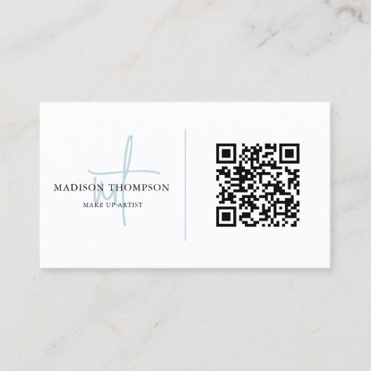 Typografie Sky Blue QR Code Monogrammed Script Visitekaartje (Voorkant)