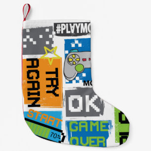 Typografie spel pixel: speelse achtergrond. kleine kerstsok