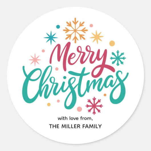 Typografie sterren en sneeuwvlokken vrolijk kerstf ronde sticker (Voorkant)
