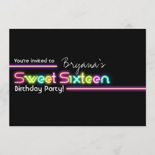 Typografie SWEET 16 Neon Glow Dance Party Invite Kaart