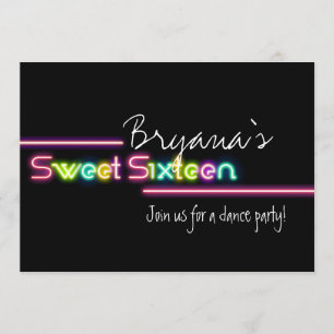 Typografie Sweet 16 Neon Glow Dance Party Invite Kaart