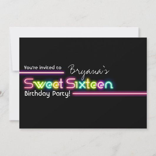 Typografie SWEET 16 Neon Glow Dansfeest Uitnodigin Kaart (Voorkant)