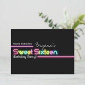 Typografie SWEET 16 Neon Glow Dansfeest Uitnodigin Kaart (Staand voorkant)
