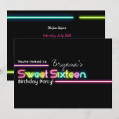 Typografie SWEET 16 Neon Glow Dansfeest Uitnodigin Kaart (Voorkant / Achterkant)