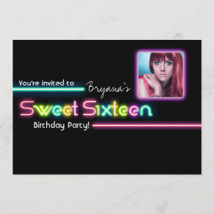 Typografie SWEET 16 Neon Glow FOTO Feest Uitnodigi Kaart