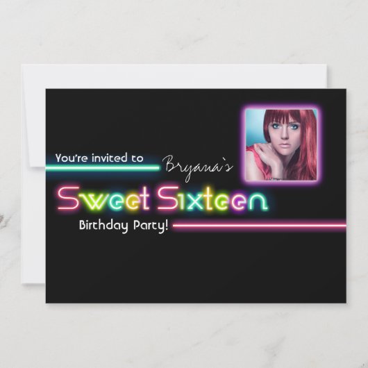 Typografie SWEET 16 Neon Glow Photo Party Uitnodig Kaart (Voorkant)
