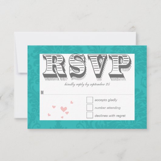 Typografie Turquoise en Pink Damask Wedding RSVP Kaartje (Voorkant)