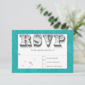 Typografie Turquoise en Pink Damask Wedding RSVP Kaartje (Staand voorkant)
