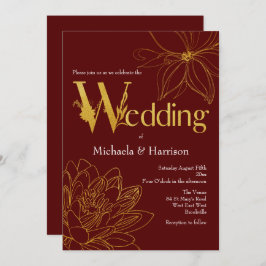 Typografie van Bourgogne en Gold Floral Wedding Kaart