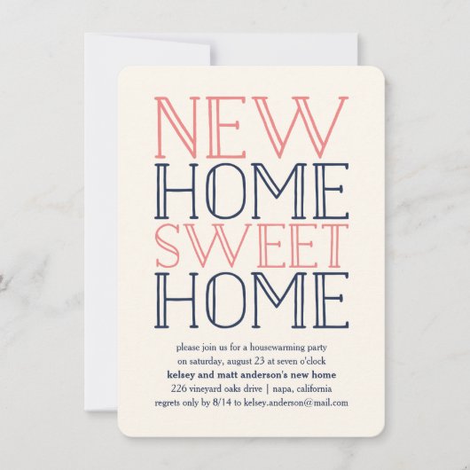 Typografie van Koraal en Navy Housewarming Party Kaart (Voorkant)