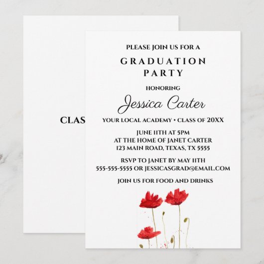 Typografie van Red Poppies Floral Gradual Party Kaart (Voorkant / Achterkant)
