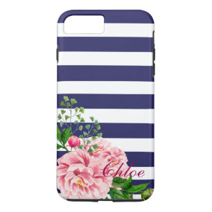 Typografie van rozen Navy & White Stripes Script iPhone 8/7 Plus Hoesje