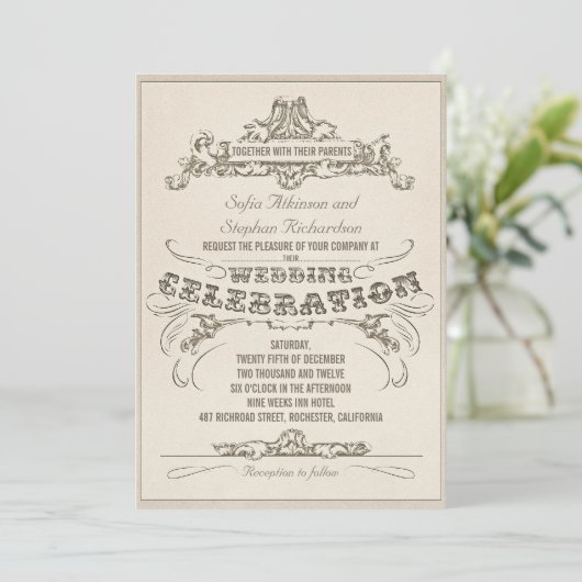  typografie verouderde ontwerp huwelijksuitnodigin kaart (Staand voorkant)