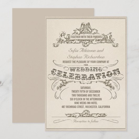  typografie verouderde ontwerp huwelijksuitnodigin kaart (Voorkant / Achterkant)