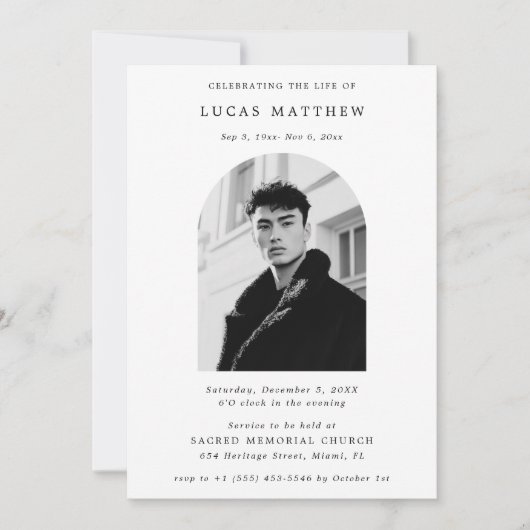 Typografie Viering van het Leven Boog Foto Begrafe Kaart (Voorkant)