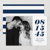 Typografie voor moderne blauwe en witte oude datum save the date (Voorkant / Achterkant)