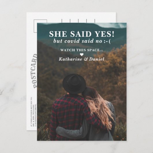 Typografie Weddenschap Uitstel sparen de Datum Aankondigingskaart (Voorkant / Achterkant)