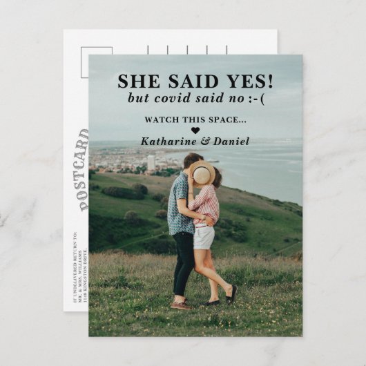 Typografie Weddenschap Uitstel sparen de Datum Aankondigingskaart (Voorkant / Achterkant)