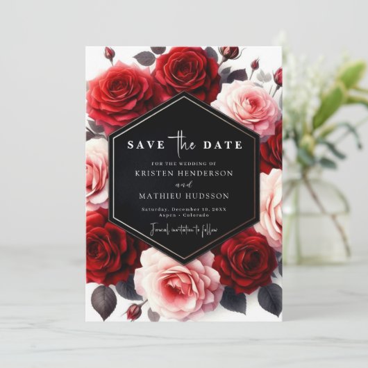 Typografie Whimsical Crimson Red Wedding Save The Date (Staand voorkant)