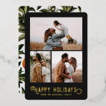 Typografie Winter Sinaasappels Foto Folie Feestdagenkaart<br><div class="desc">Deze prachtige vakantiefootkaart is voorzien van een  gestileerde typografie,  "Prettige feestdagen" in echte folie,  samen met drie fotosjablonen. De achterkant van de kaart bevat een  ontwerp van winterse sinaasappels en bloesems.</div>