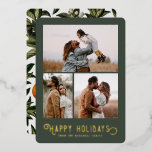 Typografie Winter Sinaasappels Foto Folie Feestdagenkaart<br><div class="desc">Deze prachtige vakantiefootkaart is voorzien van een  gestileerde typografie,  "Prettige feestdagen" in echte folie,  samen met drie fotosjablonen. De achterkant van de kaart bevat een  ontwerp van winterse sinaasappels en bloesems.</div>