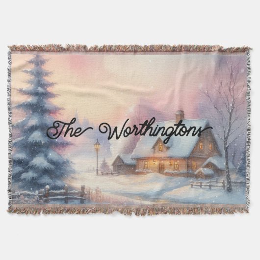 Typografie Winterlandschap Cottage Waterverf Deken (Voorkant)