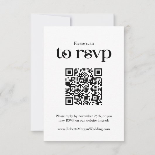 Typografie Witte QR code Bruiloft RSVP Kaartje (Voorkant)